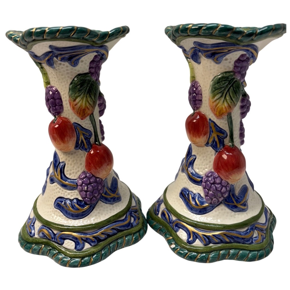 Fitz and Floyd Fruit Vine Candlestick Holders Ceramic Grapes Cherries Set of 2